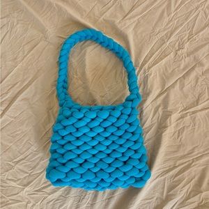 Hand-made blue crochet bag with plush yarn
